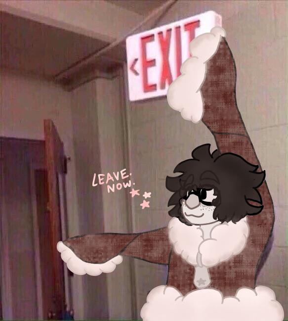 Persona of yem8 holding up an exit sign in one hand and pointing at an open door with the other.